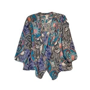 Chicos 2 Open Front Linen Jacket Multicolor Paisley Floral 3/4 Sleeve